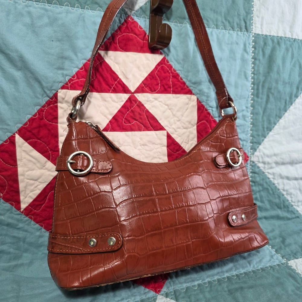 47 Maple Rust Brown‎ Crocodile Embossed Leather Shoulder Bag Silver Hardware